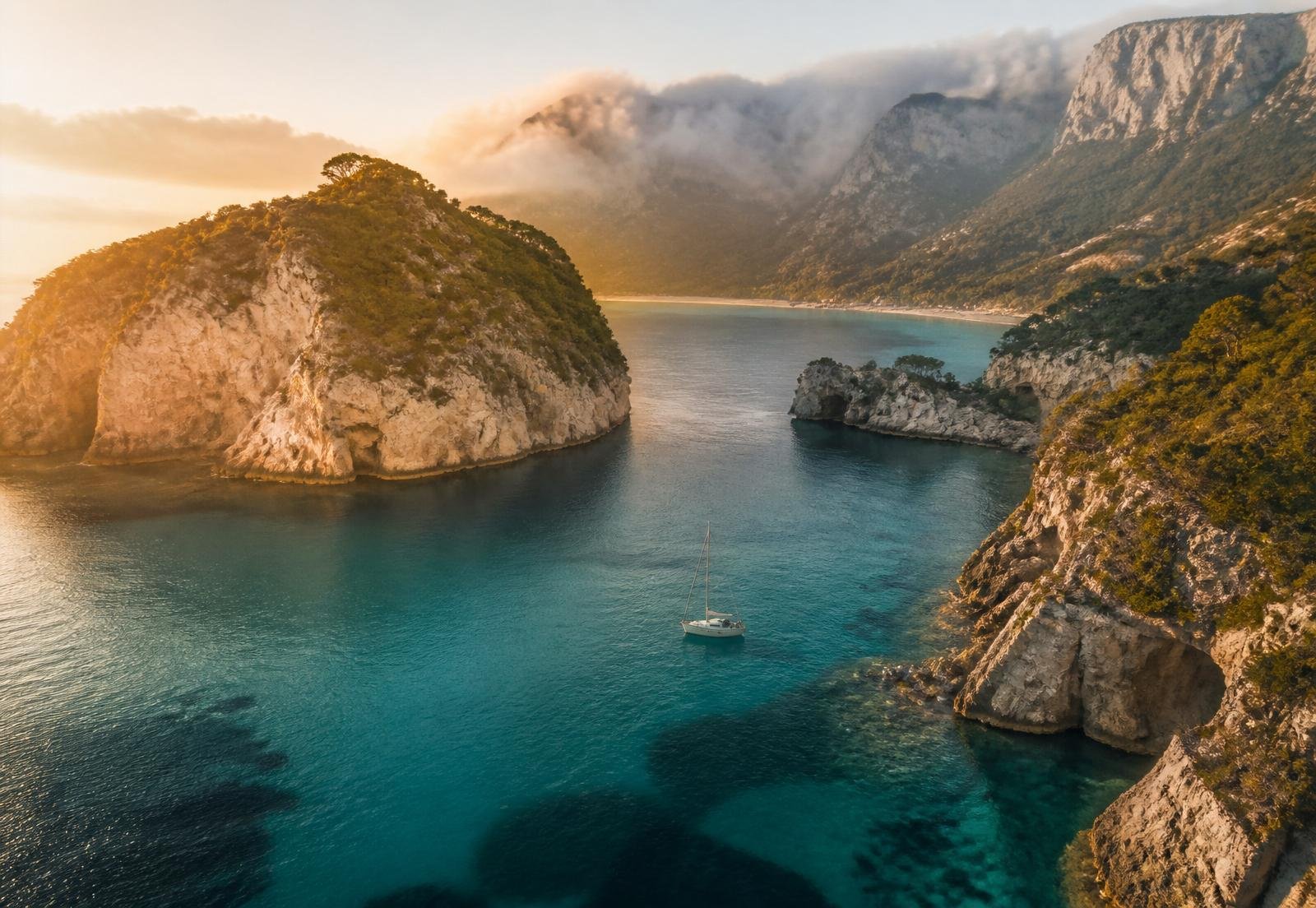 Aerial view of a turquoise coastal bay at golden hour